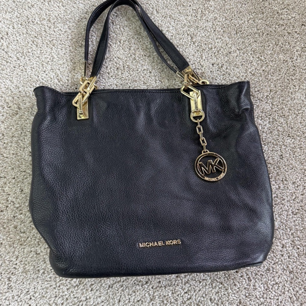 Michael Kors Tote Bag Womens Large Black Leather Gold MK Charm Shoulder